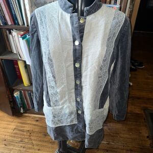 Chico’s 3 gray mixed media lacy velvet long lined coat